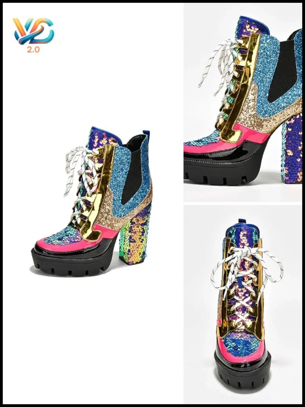 Sparkly Sequin Platform Chelsea Boots with Chunky Block Heels for Women